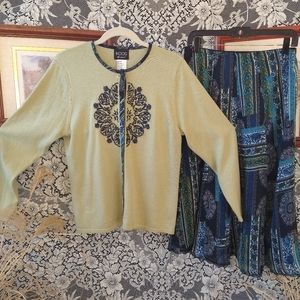 Koos green blue coordinated skirt set abstract print with embroidered cardigan